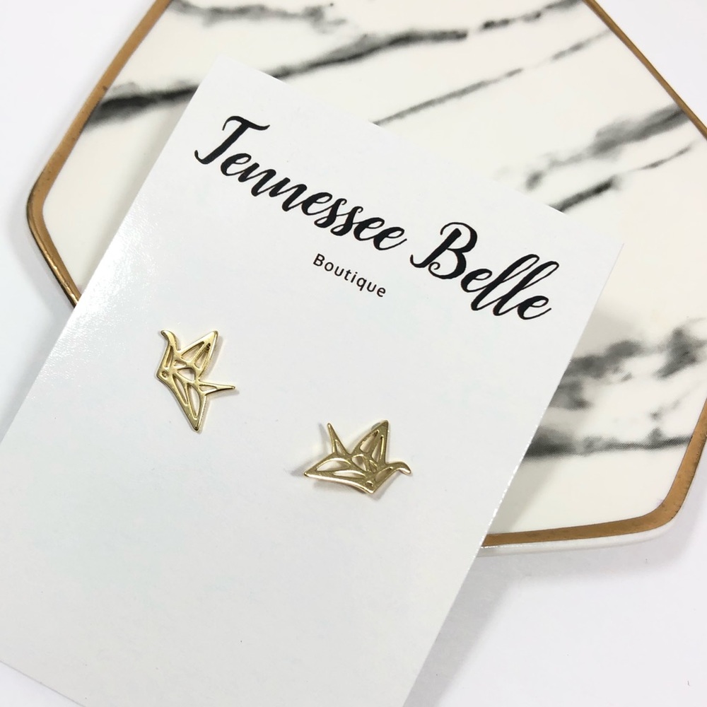 Paper Crane Origami Gold Stud Boutique Earring